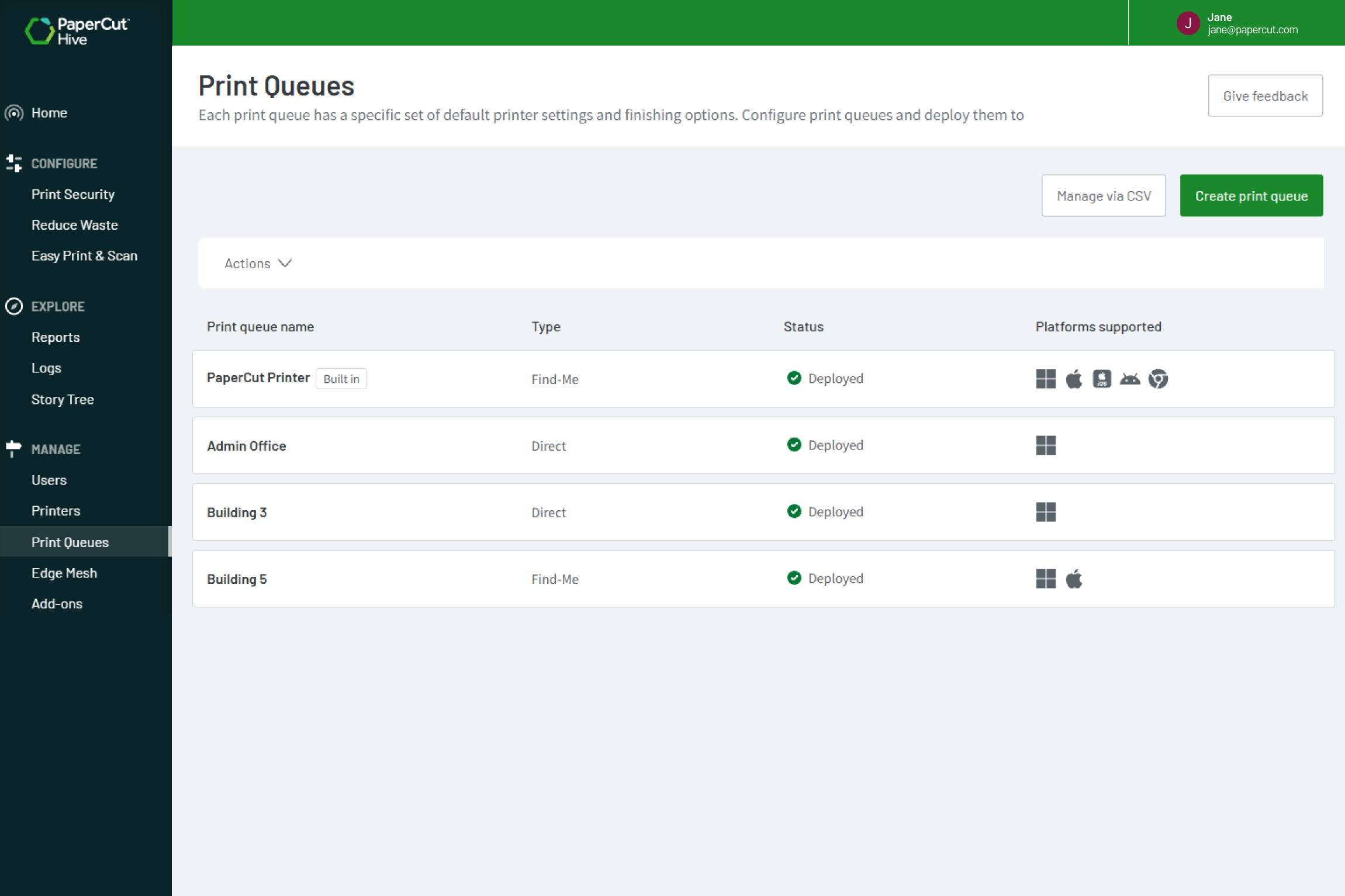 An image showing print queues for users as they move between offices and sites