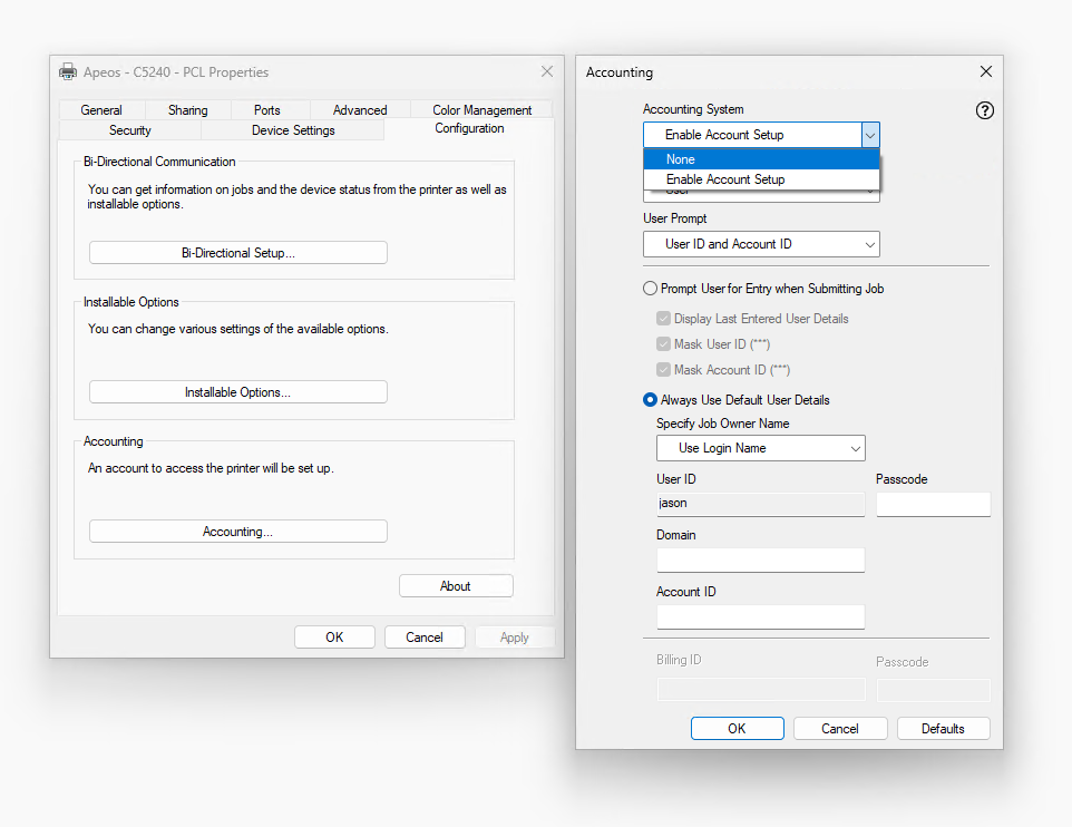 Disabling the account system in a Fujifilm Apeos C5240 PCL Driver