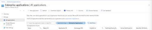 Microsoft Entra ID, Enterprise applications, All applications page show 7 tabs across the top starting with New application