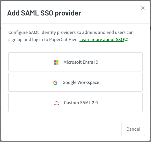 Add SAML SSO provider modal, showing three selectable options: Microsoft Entra ID, GoogleWorkspace, and Custom SAML 2.0