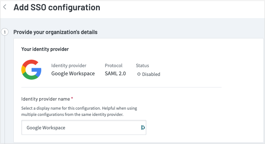 Screenshot of the top of the &quot;Add SSO configuration&quot; page showing the first section: Provide your organization’s details.