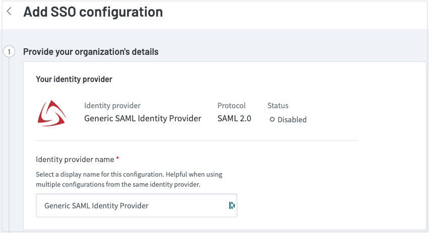 Screenshot of the top of the &quot;Add SSO configuration&quot; page showing the first section: Provide your organization’s details.