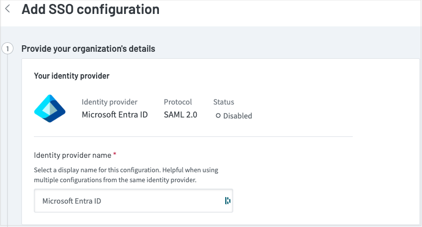 Add SSO configuration page showing step 1, Provide your organization’s details, with the IDP showing Microsoft Entra ID