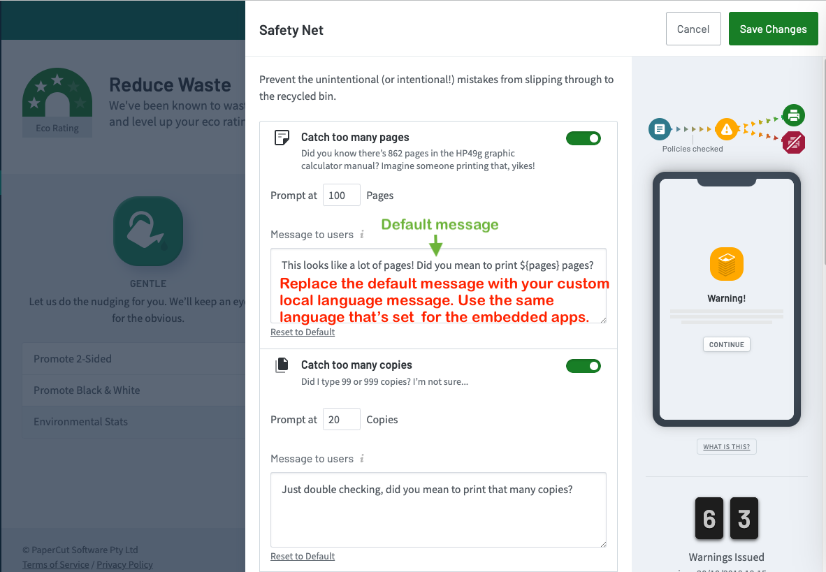 The PaperCut Hive 'Safety Net' page showing default messages in English.