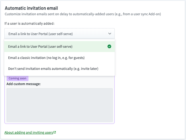 The Automatic invitation email section of the User Access settings page, showing the dropdown with three options