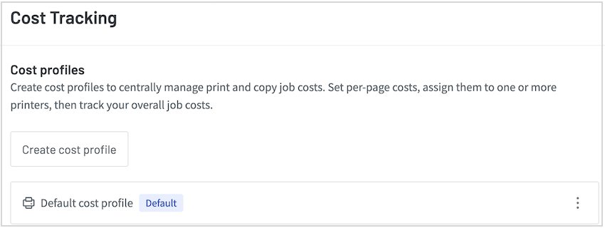 Screenshot of the Cost Tracking page showing the default cost profile with a &quot;default&quot; flag next to its name