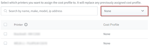 Additional cost profile page showing the printers filtered by the &quot;None&quot; cost profile