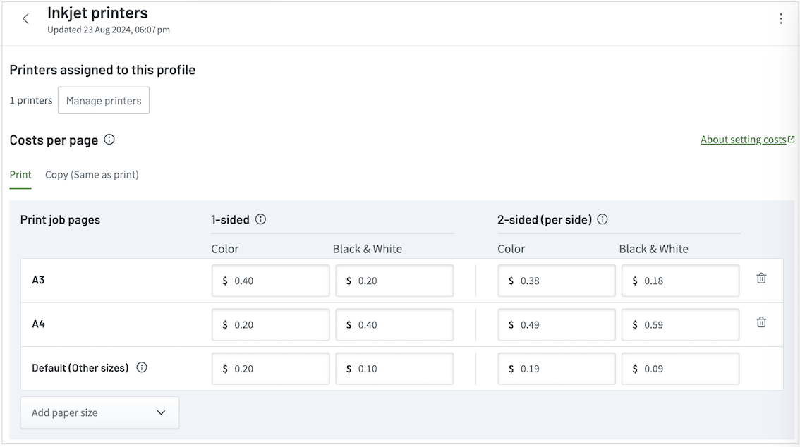 Screenshot of the Costs per page data, showing the rates for each of the page attributes - size, color, 1 and 2-sided