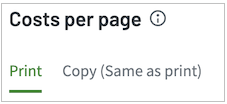 Screenshot showing the Costs per page heading with two tabs underneath: Print and Copy (Same as print).