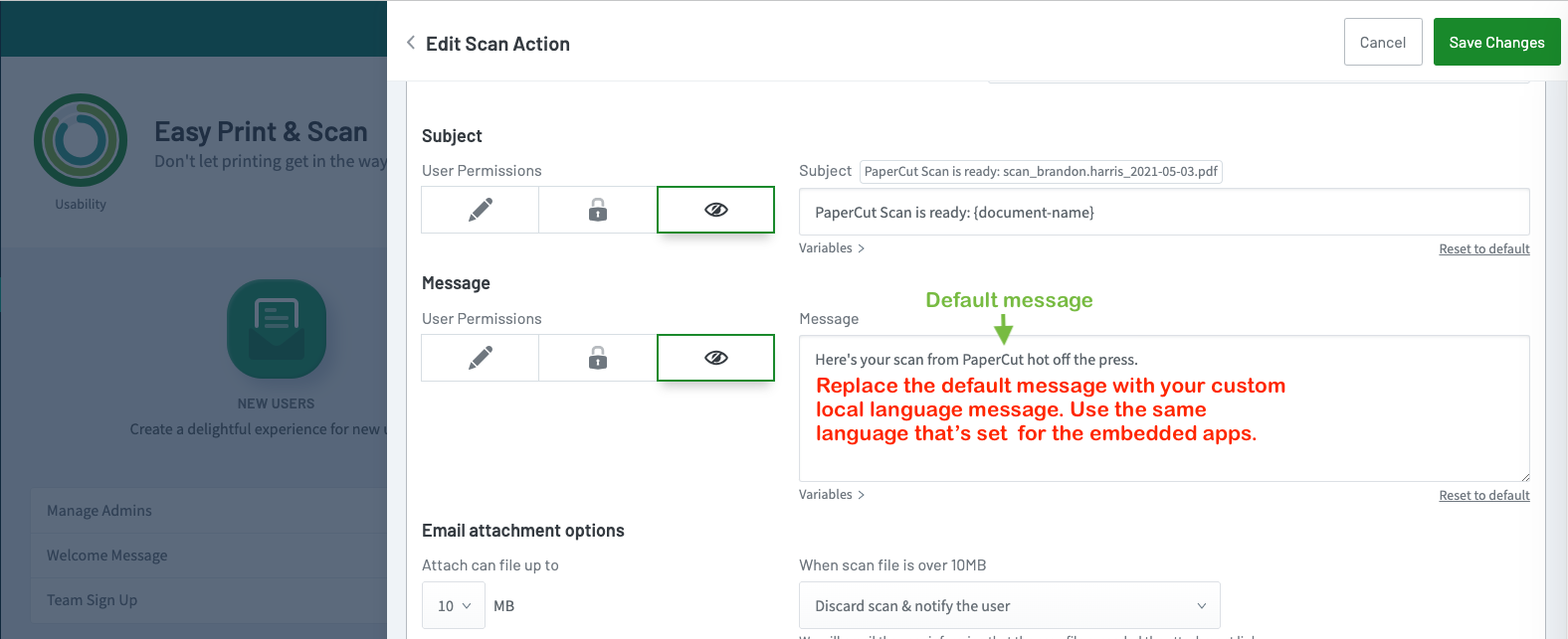 A PaperCut Hive 'Edit Scan Action' page showing the default message in English.