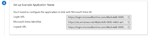 Microsoft Entra ID, SAML-based Sign-on page, step 4, Set up, showing the Login URL, Microsoft Entra Identifier, and Logout URL fields