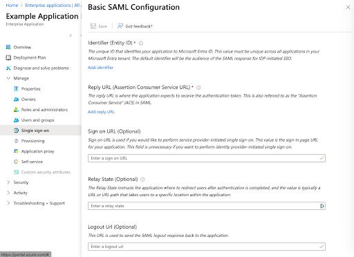 Microsoft Entra ID, Basic SAML Configuration page showing the Identifier (Entity ID) and Reply URL sections