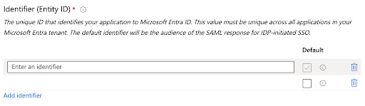 Microsft Entra ID, Basic SAML Configuration page showing the Add identifier field