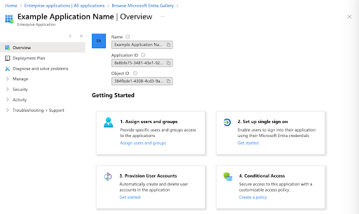 Microsoft Entra ID, Example Application Name, Overview page showing 3 properties: name, application ID, and object ID. Also shows the Getting Started section.