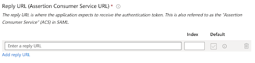 Microsoft Entra ID, Basic SAML Configuration page showing the Reply URL field