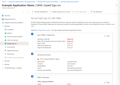 Microsoft Entra ID, SAML-based Sign-on page showing setup steps