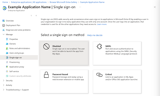 Microsoft Entra, Single sign-on page page showing 4 sign-on methods: disables, SAML, Passowrd-based, and Linked