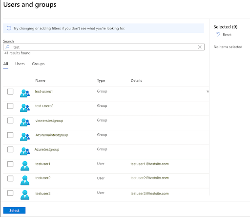 Microsoft Entra ID, Users and Groups drawer showing a list of all users and groups