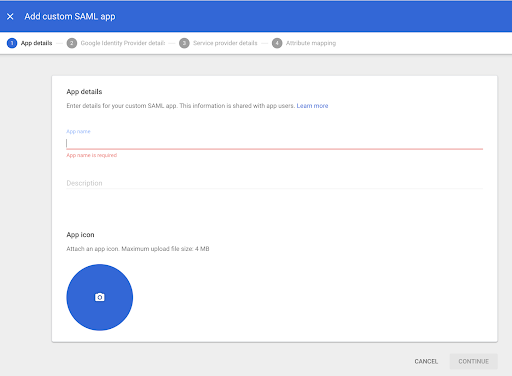 Google Workspage, App details page showing fields for the app name and description