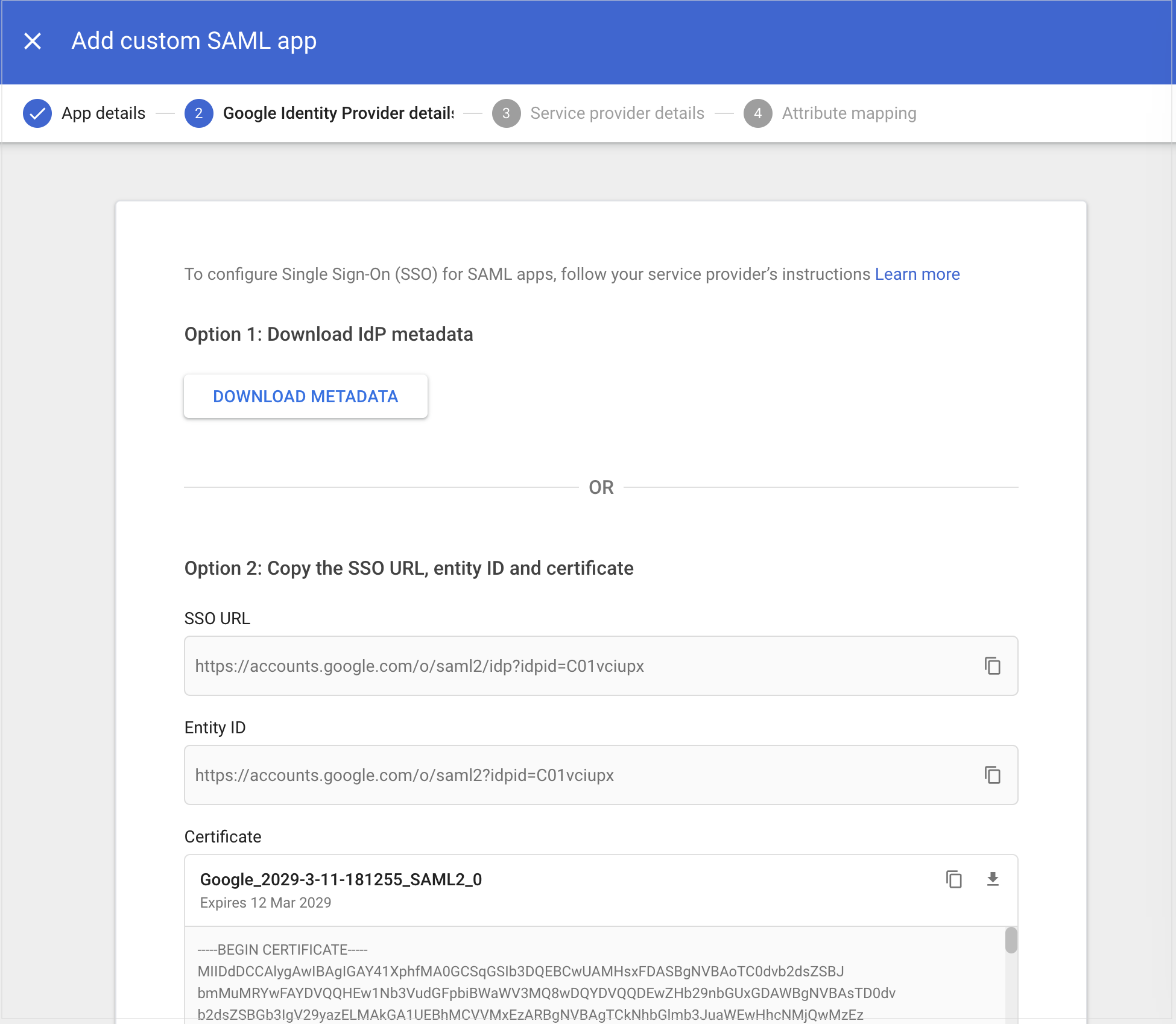 Google Workspace, Google Identity Provider details page showing the SSO URL, Entity ID and Certificate details