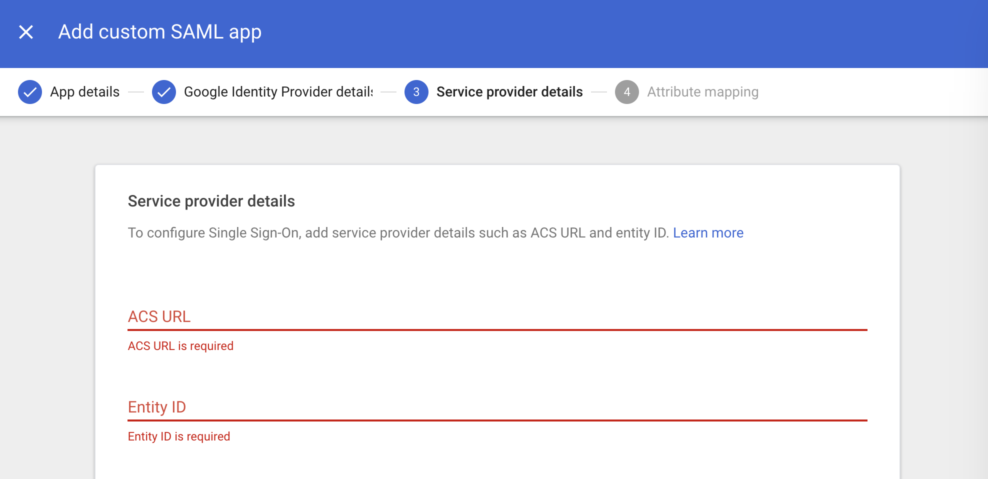 Google Workspace, Service provider details page showing empty fields for the ACS URL and Entity ID