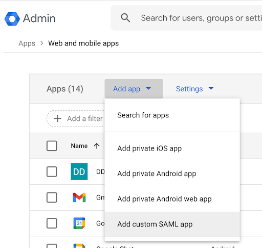 Google Workspace, Web and mobile apps page showing a list of apps and the Add app dropdown at the top of the list