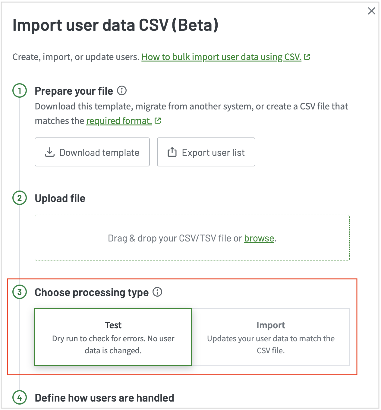 Admin console processing type selector with Import selected