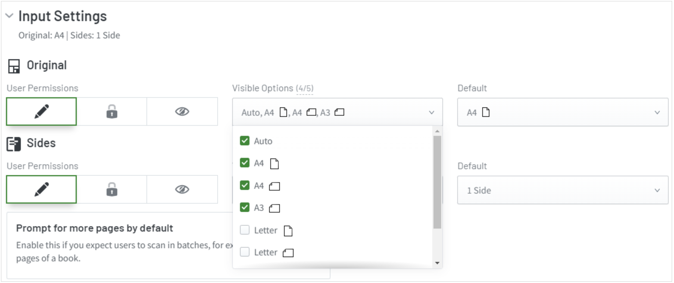 The Input Settings section of the Add Quick Scan feature. Shows the Visible Options dropdown expanded and ANSI sizes Letter portrait, Letter landscape, Ledger and Legal checkboxes selected.