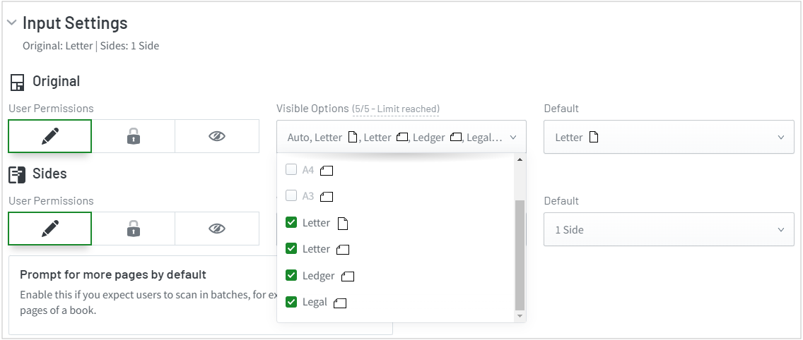 The Input Settings section of the Add Quick Scan feature. Shows the Visible Options dropdown expanded and ANSI sizes Letter portrait, Letter landscape, Ledger and Legal checkboxes selected.