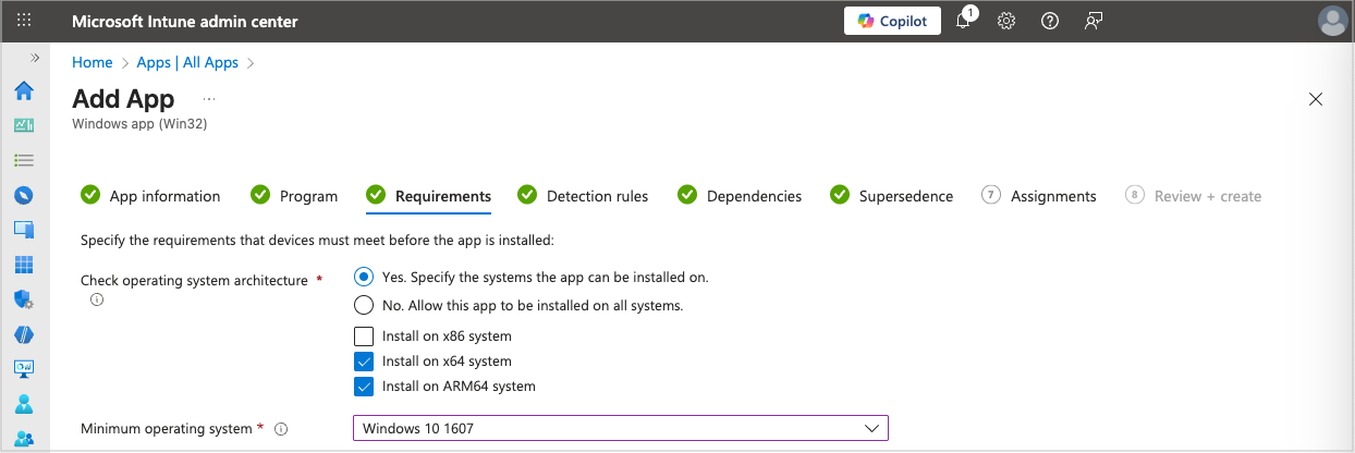 Screenshot of the Microsoft Intune, Add App page, Requirements tab showing the Yes option selected, and the Intsall on x64 and ARM64 options selected.
