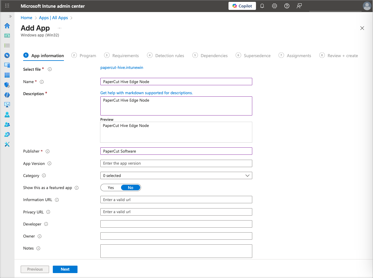 Microsoft Intune admin center, Add App page, App information tab showing the required fields filled out