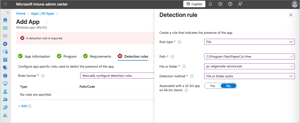 Screenshot of the Intune, Add App, Detection rule panel