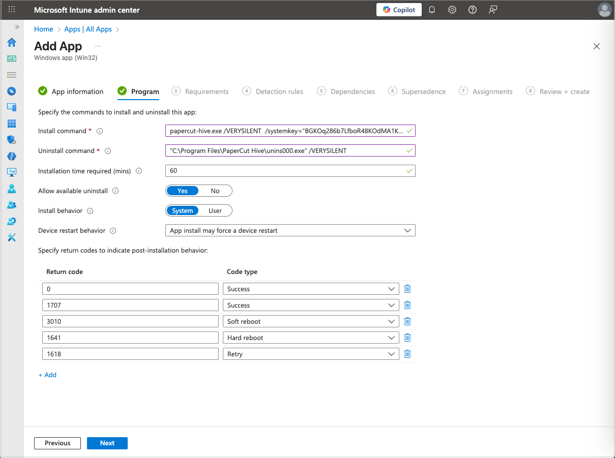 Screenshot of the Intune Add App page, Program tab, with Install and Uninstall command fields completed