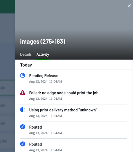 Job log entry showing the log &quot;Failed: no edge node could print the job&quot;