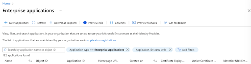 Microsoft Entra ID, Enterprise applications page showing 7 tabs starting with New application