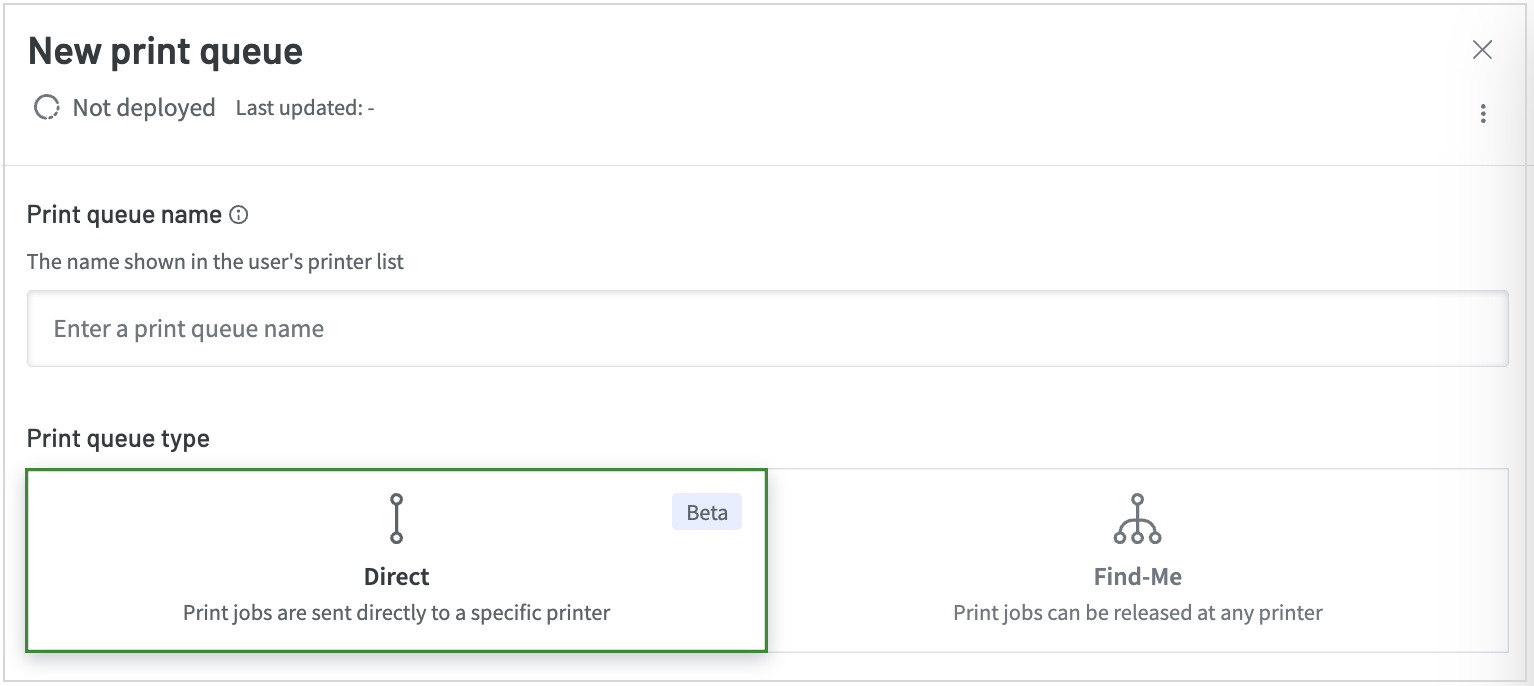 New print queue panel The section of the New print queue panel showing the Print queue name field and two tabs: Direct and Find-Me