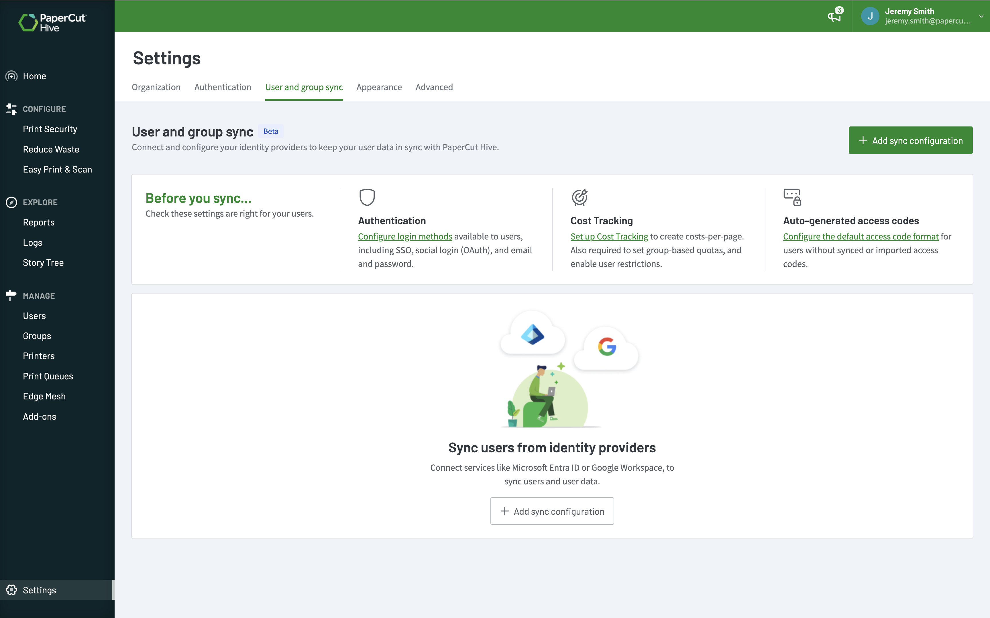 User and group sync page in PaperCut Hive and Pocket