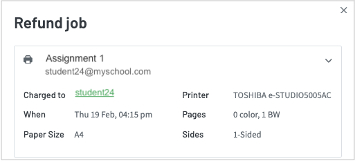 Screenshot of the job details that the user has requested a refund for