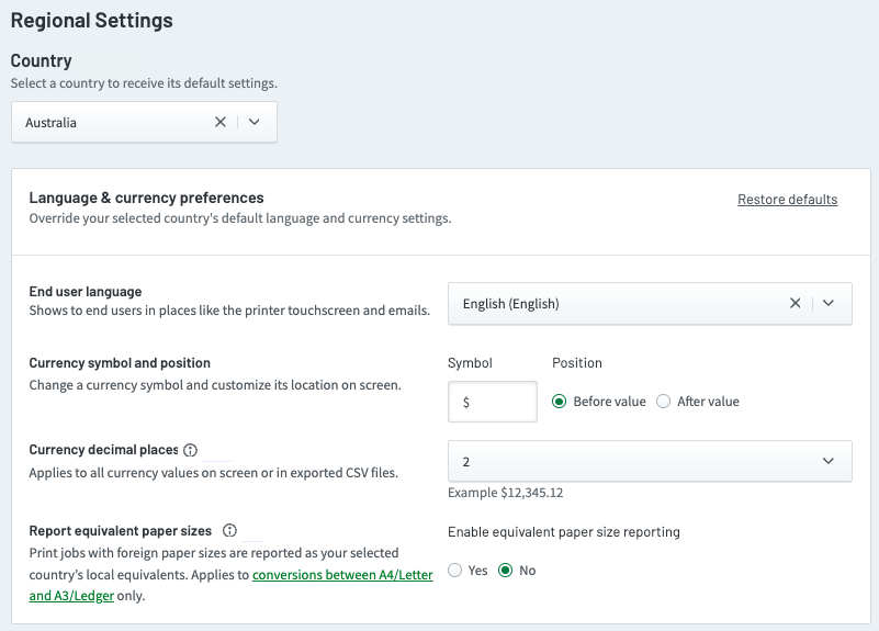 Regional Settings area of the admin console. Shows the country and other customizable settings like currency symbol and position