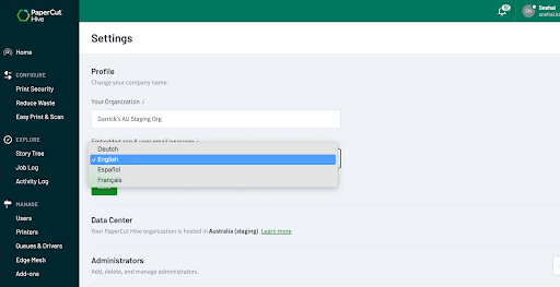 The PaperCut Hive 'Settings' page showing the dropdown of languages you can choose from.