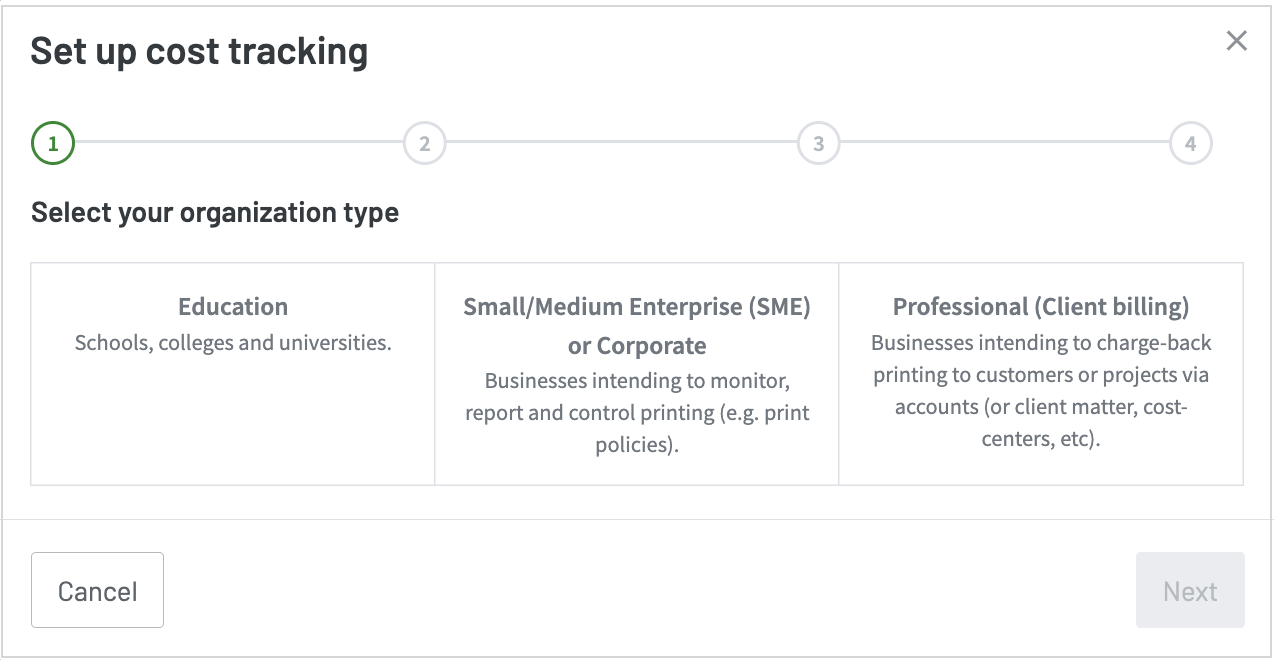 Set up cost tracking popup showing step 1, where you choose the organization type: Education, Small/Medium Enterprize (SME) or Corporate, and Professional (Client billing)