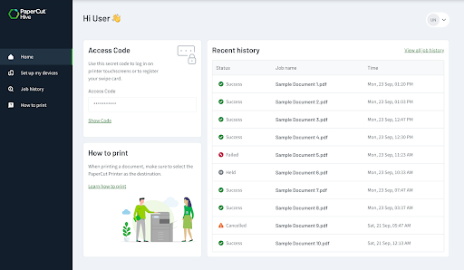 PaperCut Hive User Portal homepage