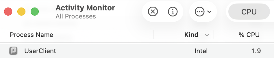 Screenshot showing the PaperCut User Client process in Activity Monitor, showing that it's an Intel app