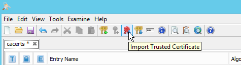 Keystore explorer application screenshot showing the ‘Import Trusted Certificate’ button in the toolbar (a red ribbon)