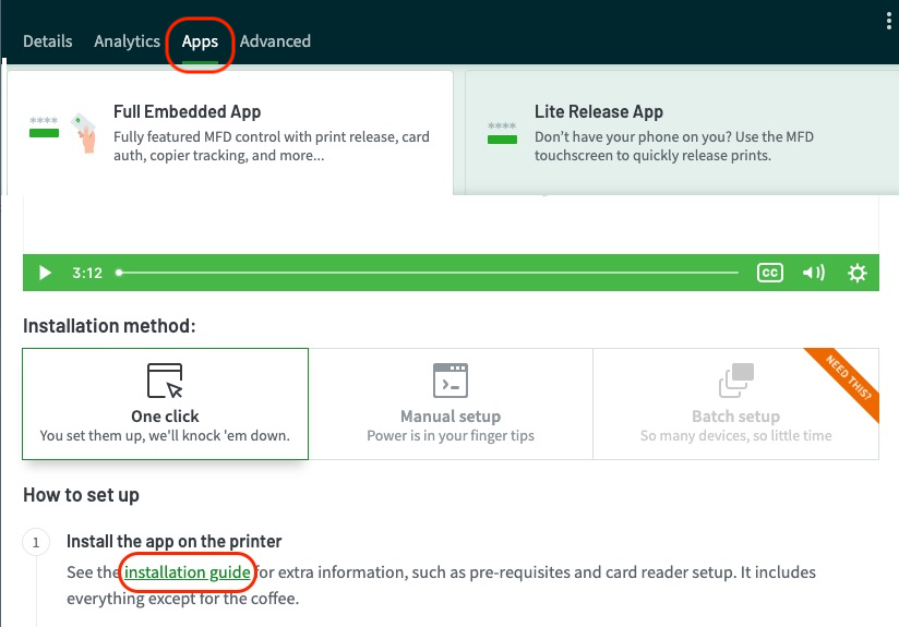 Screenshot of a printer's Apps tab, with the Installation guide link in Step 1 circled in red.