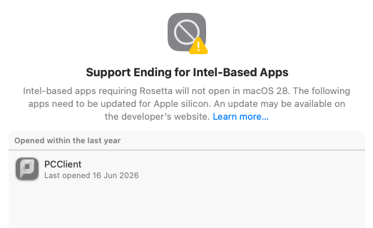 Screenshot showing the System Settings screen listing Intel-Based apps