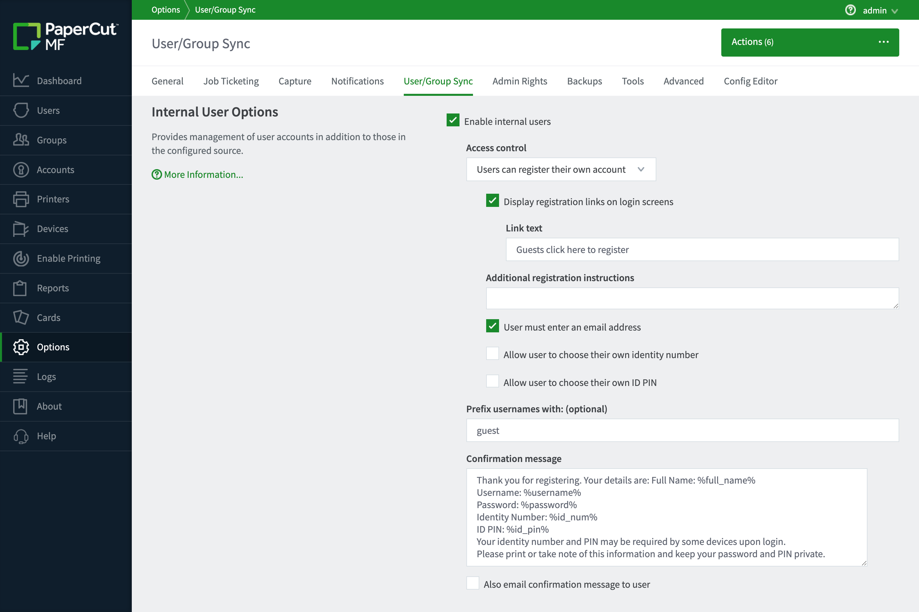 PaperCut MF User Client interface featuring the Internal Users registration link for guest authentication.