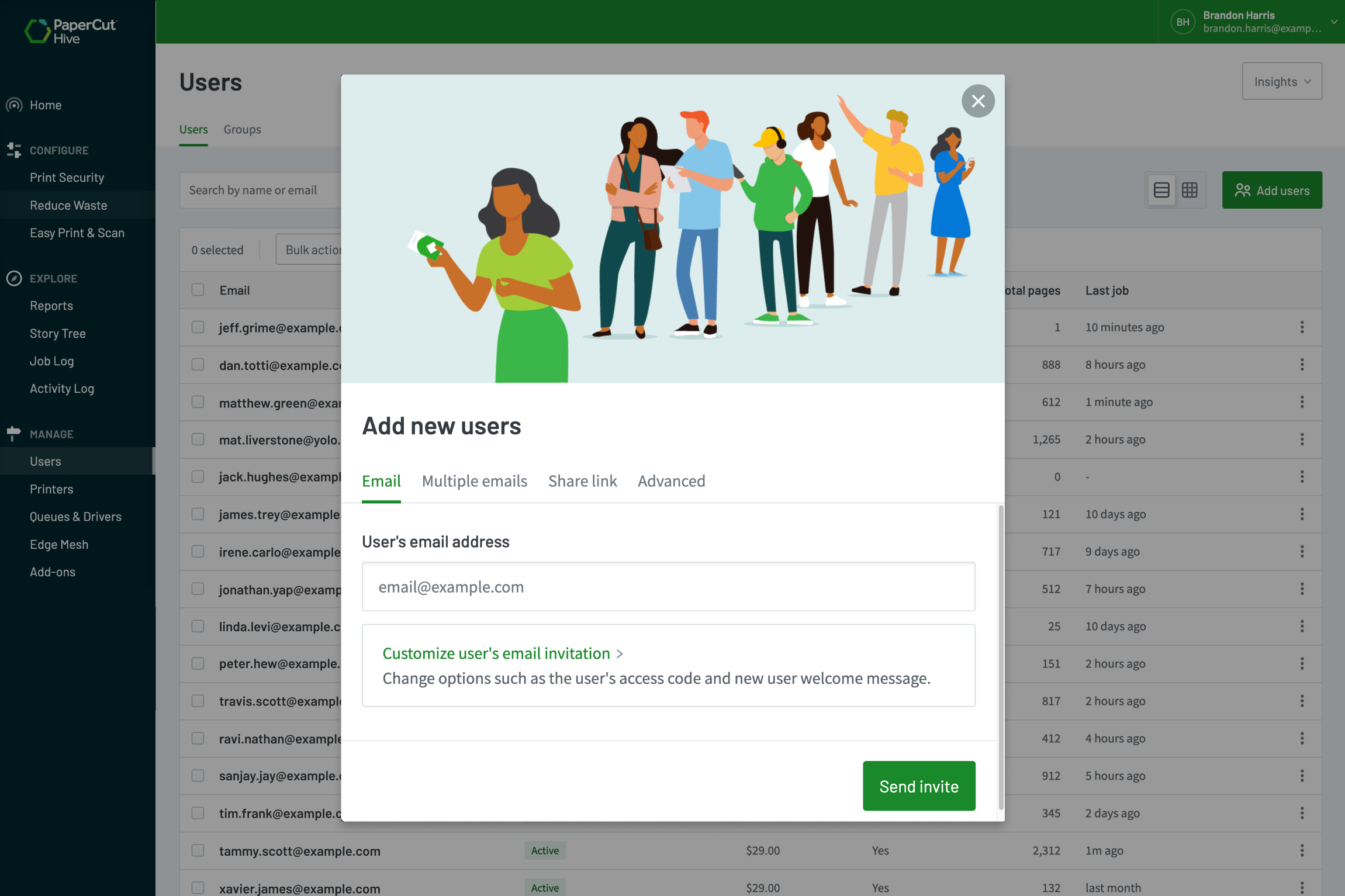 An image from PaperCut Hive showing how one can easily invite users 