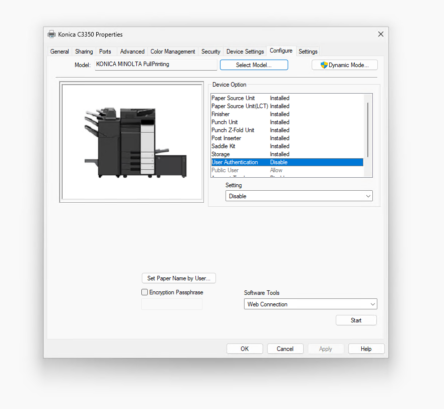 Disabling user authentication in a Konica Minolta Universal Print Driver