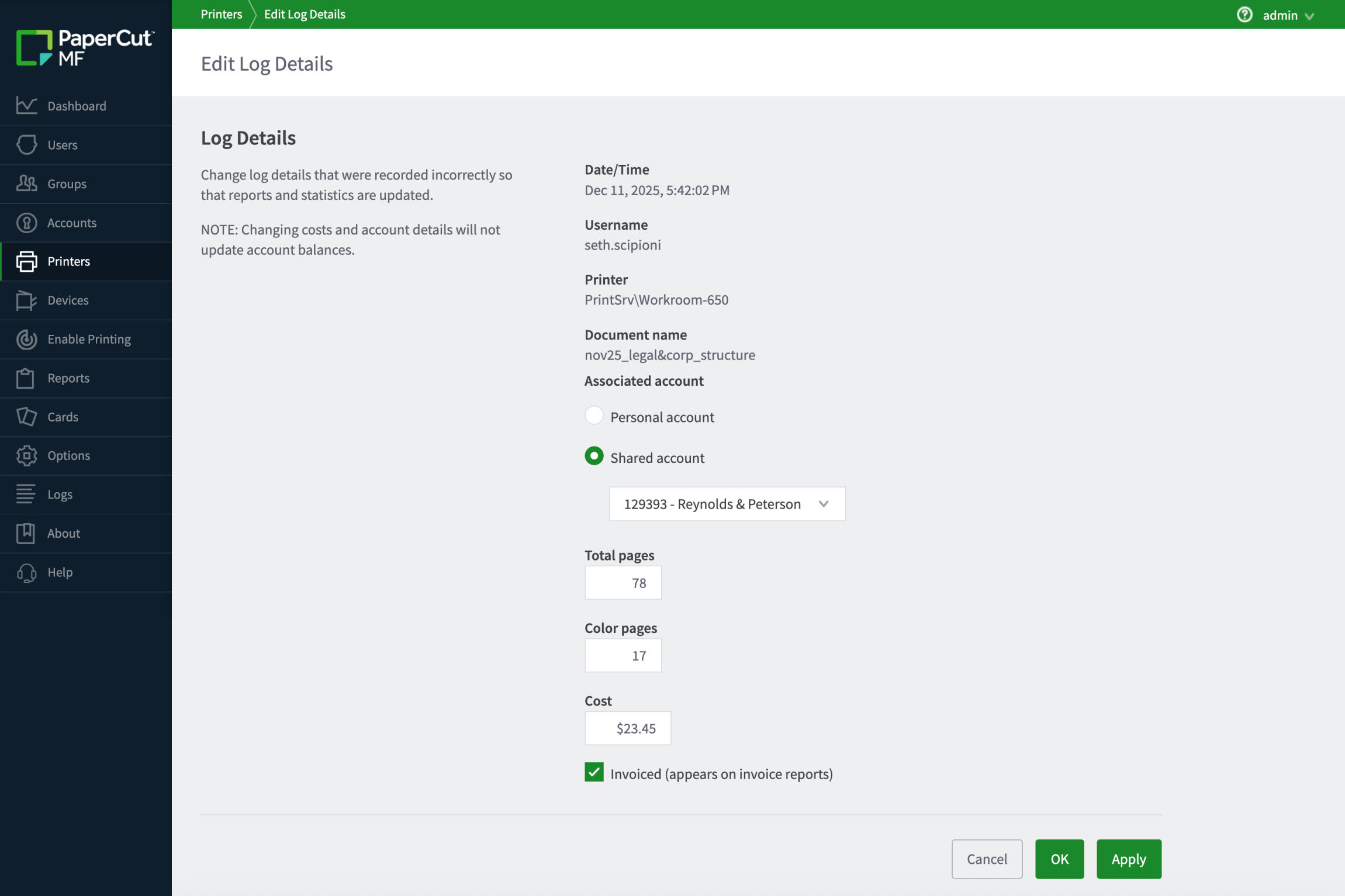 Screenshot of PaperCut MF's Edit Log Details screen, used to correct a job's account from 'Personal' to 'Shared account: Reynolds & Peterson' for a printed document costing $23.45.